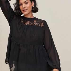 Women’s Torrid Black Lace with Chiffon overlay blouse size 2.